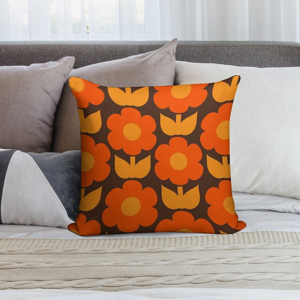 Jonnty Flowers Retro Floral Pattern in 70s Brown And Orange Soft Home Decor Throw Pillow