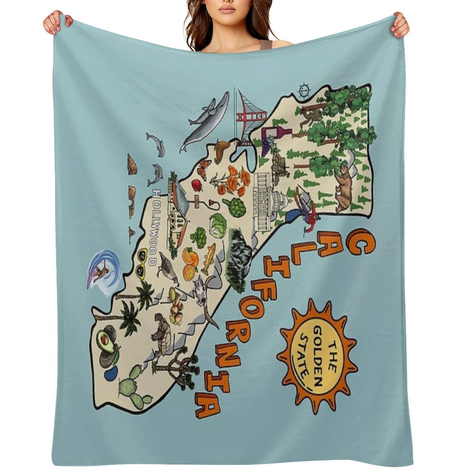 California State Map with Colorful Pictures Plush Throw Blanket