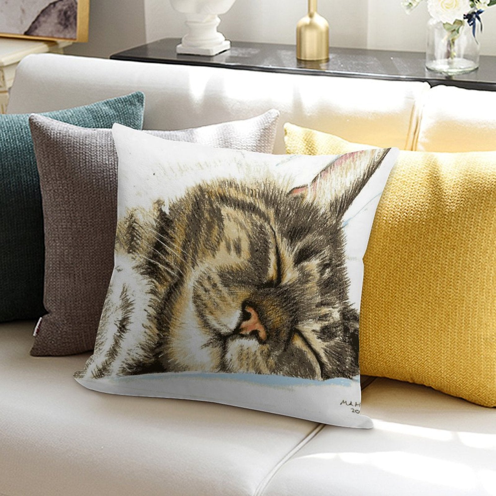 Sleeping Tabby Cat Soft Washable Throw Pillow