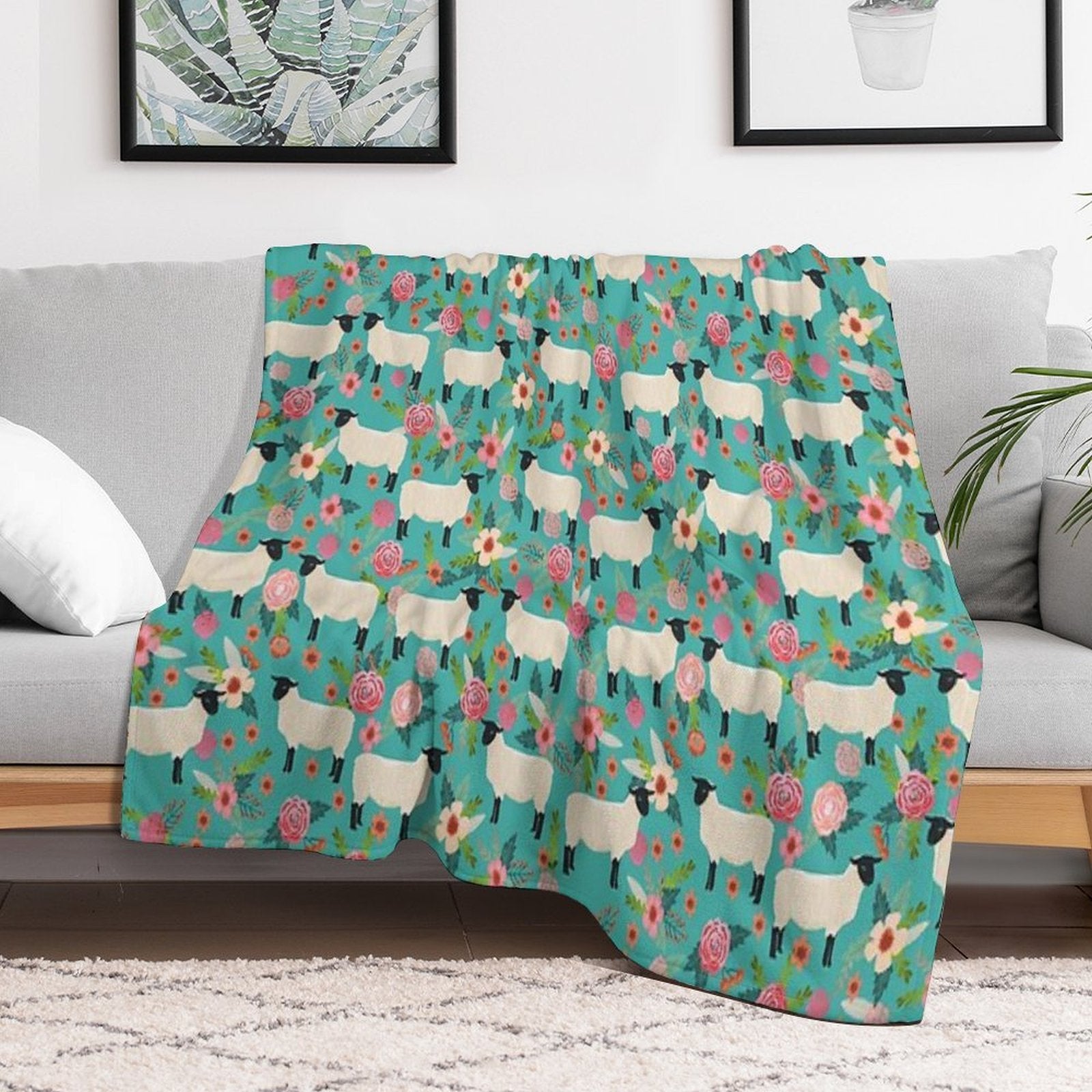 Sheep Farm Sanctuary Florals Pattern Cute Gifts for Animal Lovers Travel-friendly Throw Blanket
