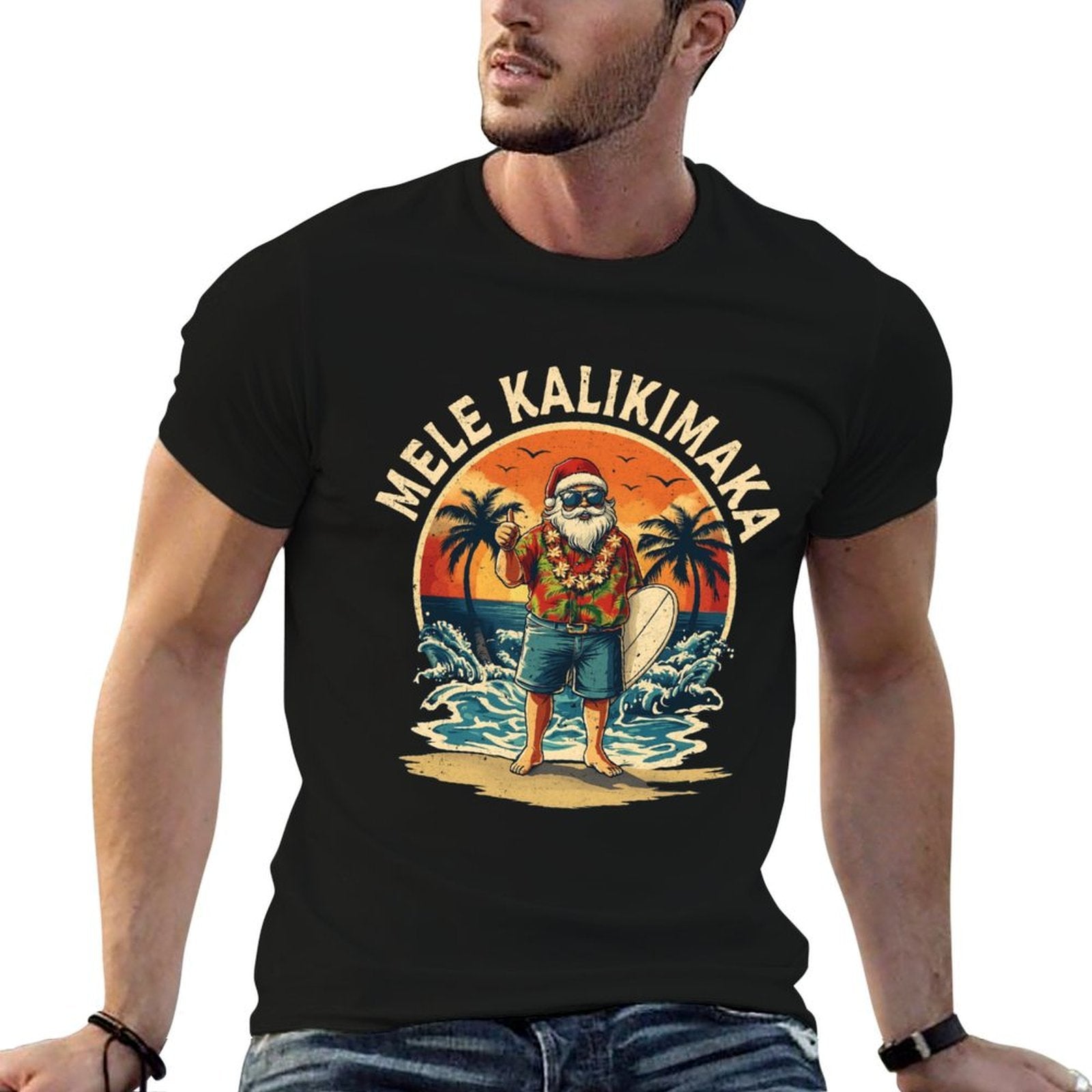 Retro Christmas Surf Mele Kalikimaka Santa Claus Hawaii  Lightweight T-Shirt
