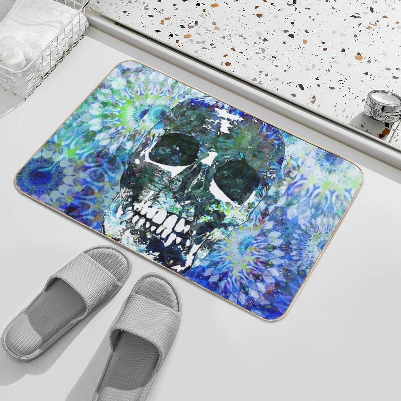 Blue Mandala Candy Skull Art  High-Traffic Bath Mat