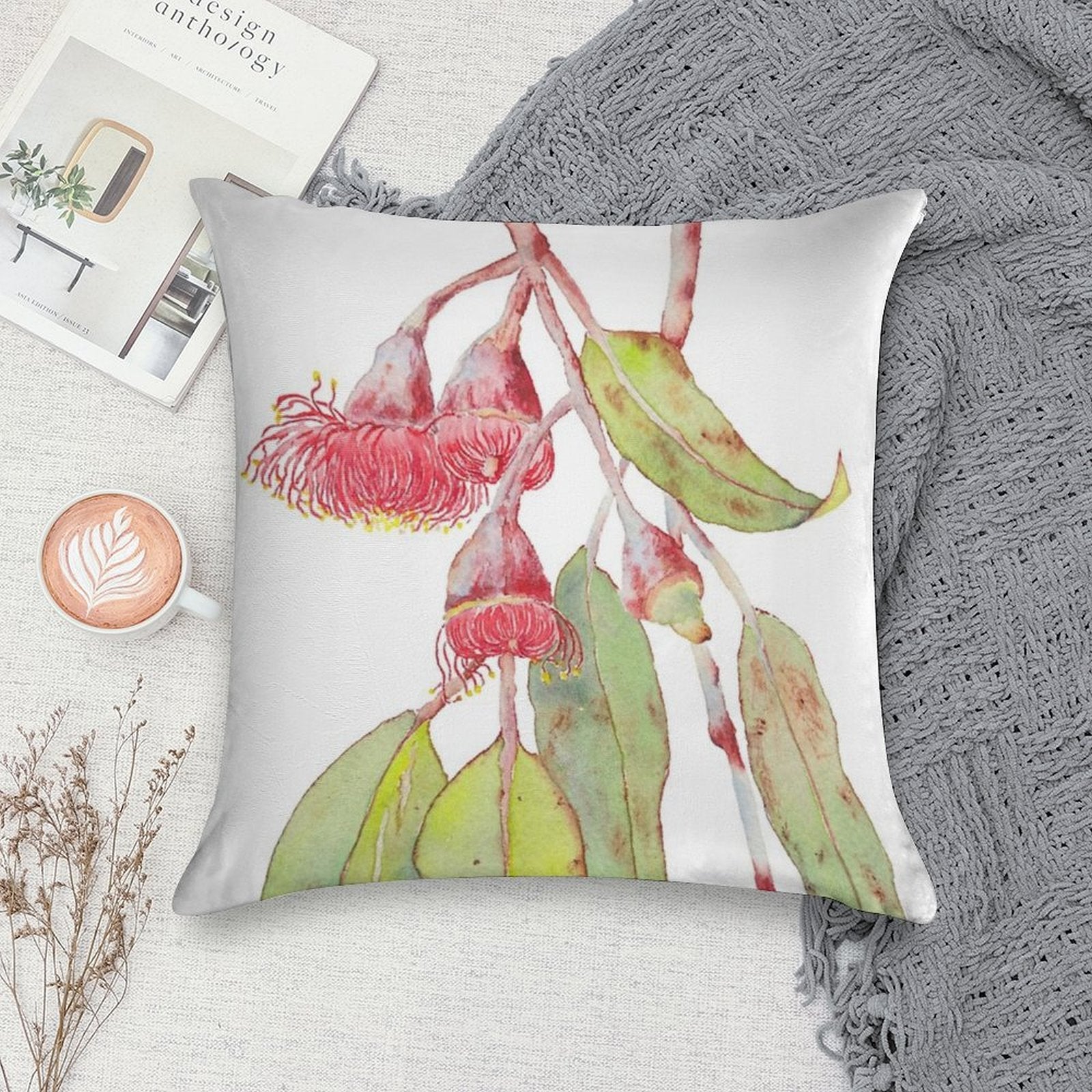Flowering Silver Princess Eucalyptus Watercolor Soft Decorative Cover Throw Pillow