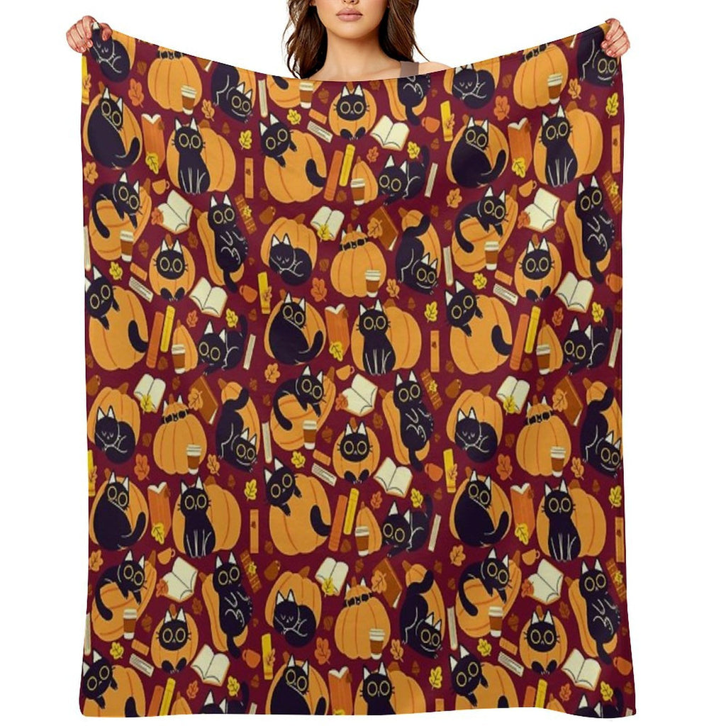 Cats, Pumpkins And Books Machine-washable Throw Blanket