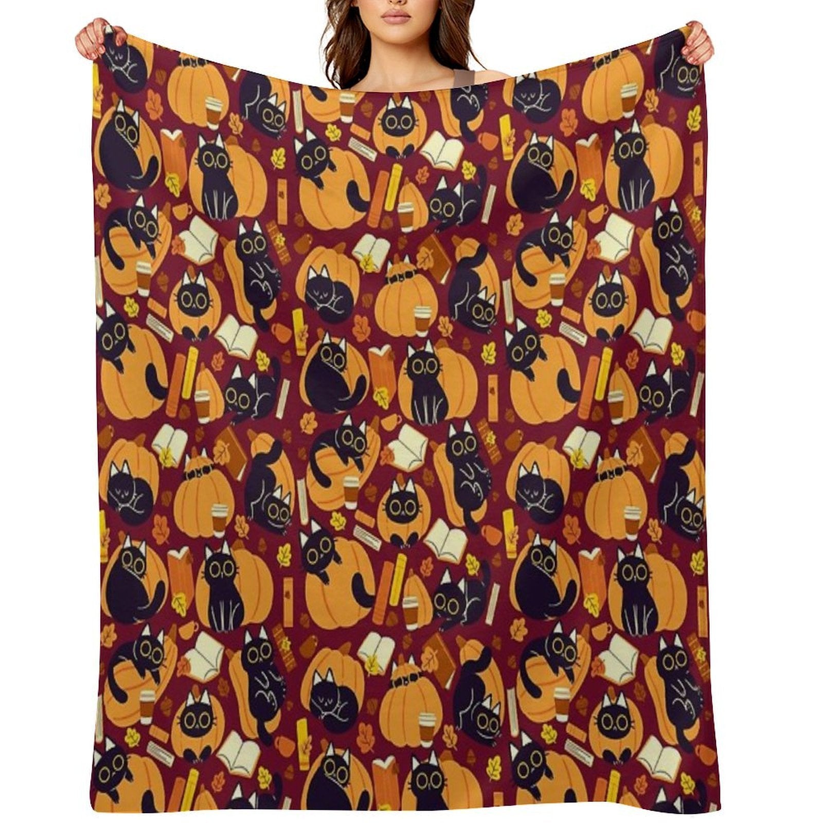 Cats, Pumpkins And Books Machine-washable Throw Blanket
