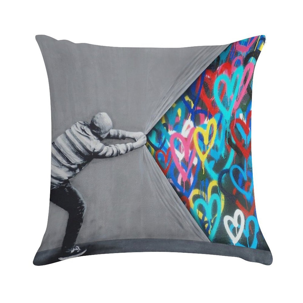 Behind The Curtain Graffiti Hearts Spray Paint Art Soft Easy Maintenance Throw Pillow