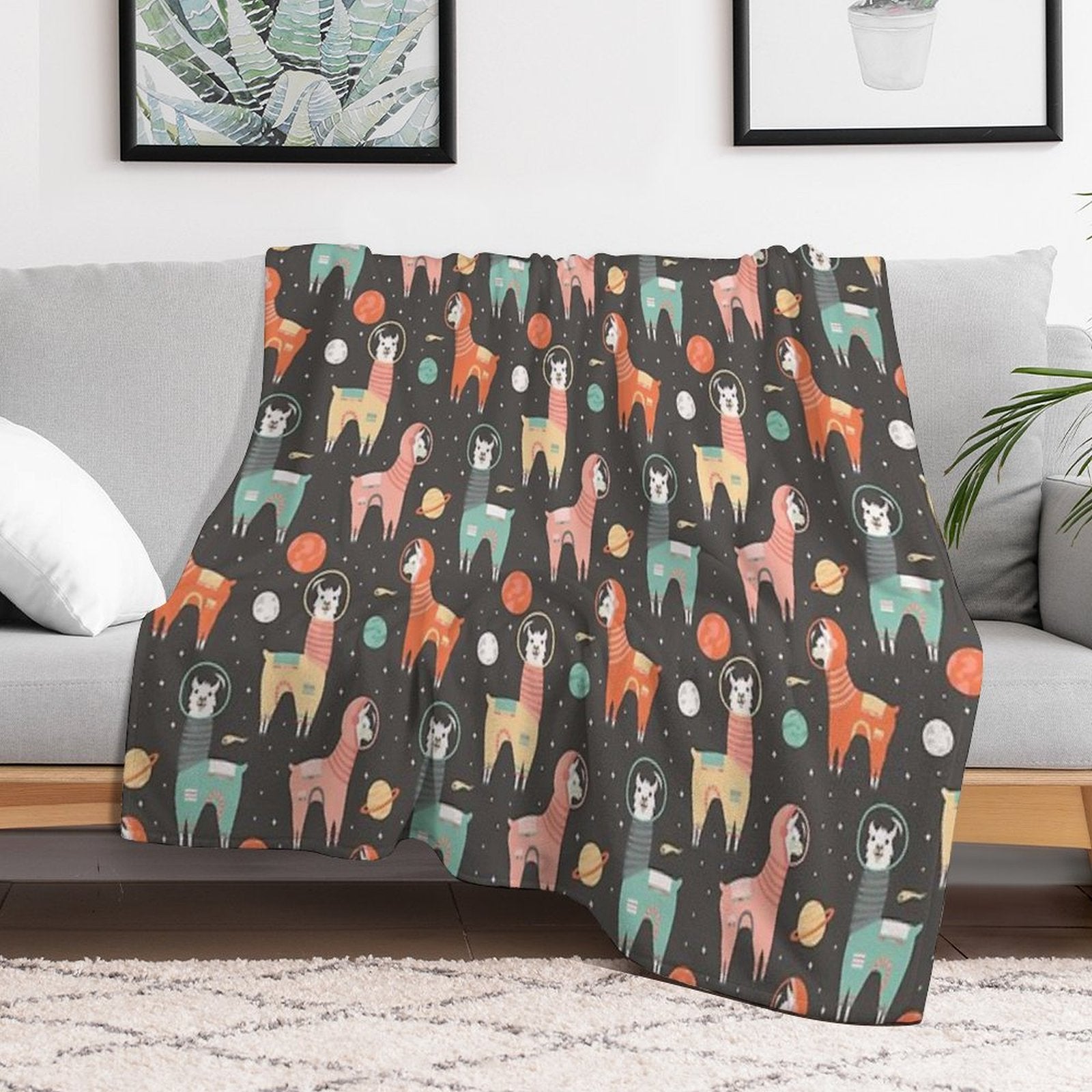 Astronaut Llamas in Space Shrink-resistant Throw Blanket