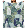 Leaf Wall  Navy Blue Pine And Sage Green Leaves Mint Lines Anti-pilling Throw Blanket