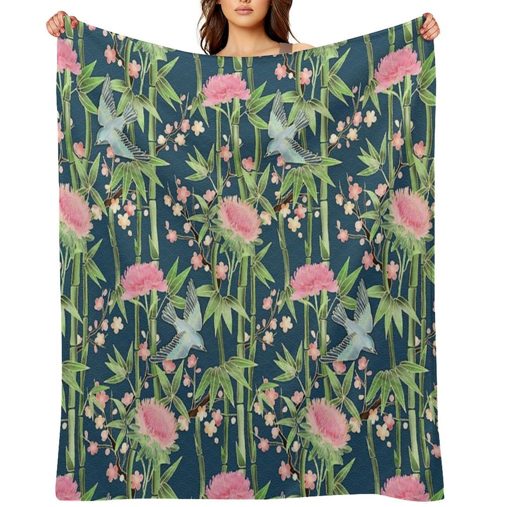 Bamboo, Birds And Blossom - Dark Teal Durable Throw Blanket