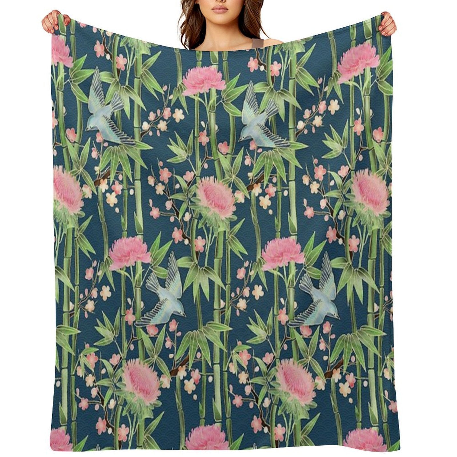 Bamboo, Birds And Blossom - Dark Teal Durable Throw Blanket