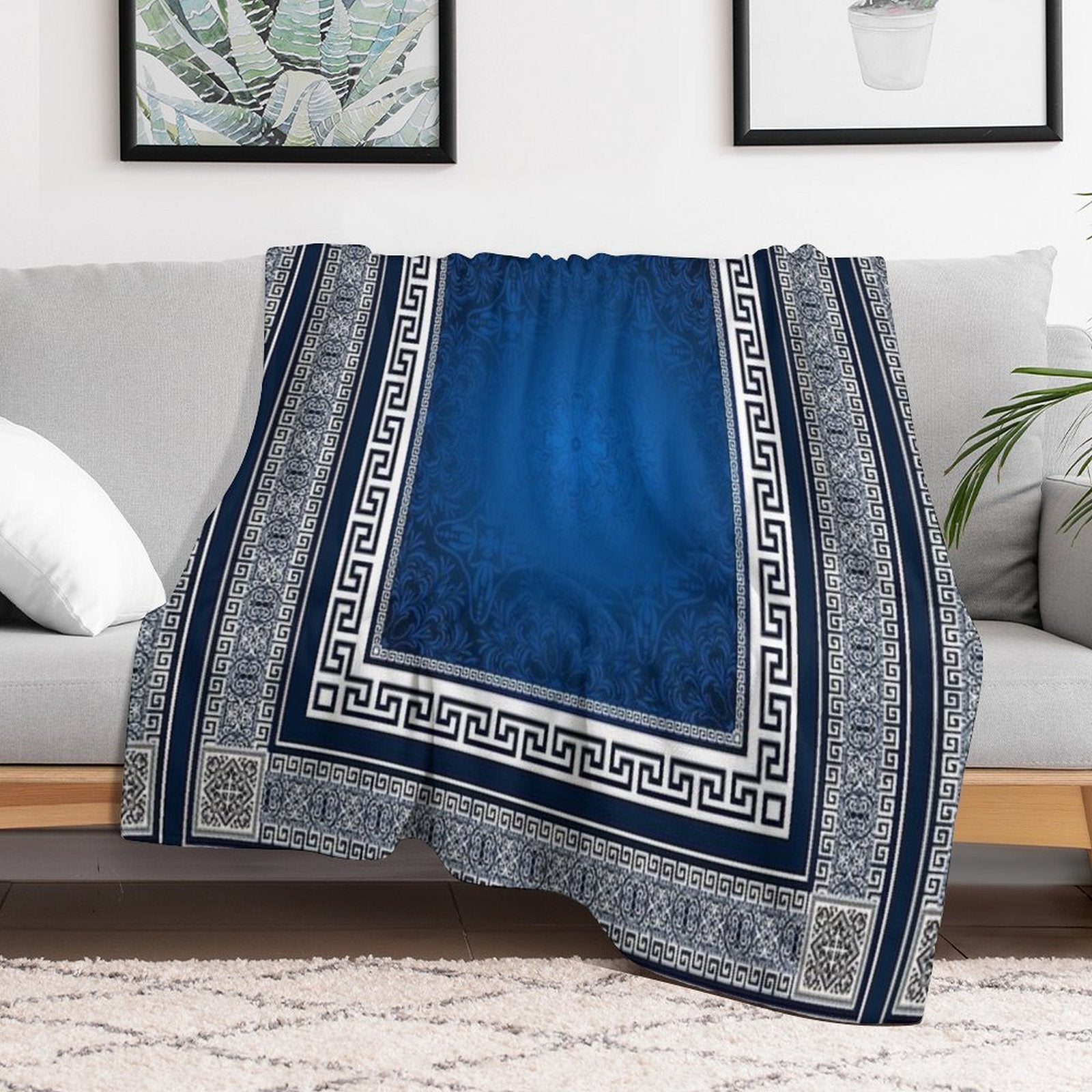 Greek Keys Blue White with Pattern Quick-dry Throw Blanket
