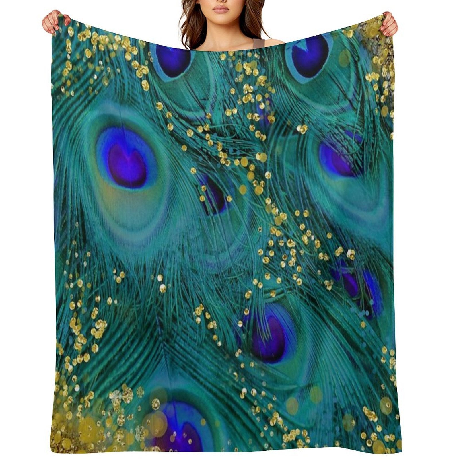Dreamy Peacock Feathers, Teal And Purple, Glimmering Gold Shrink-resistant Throw Blanket