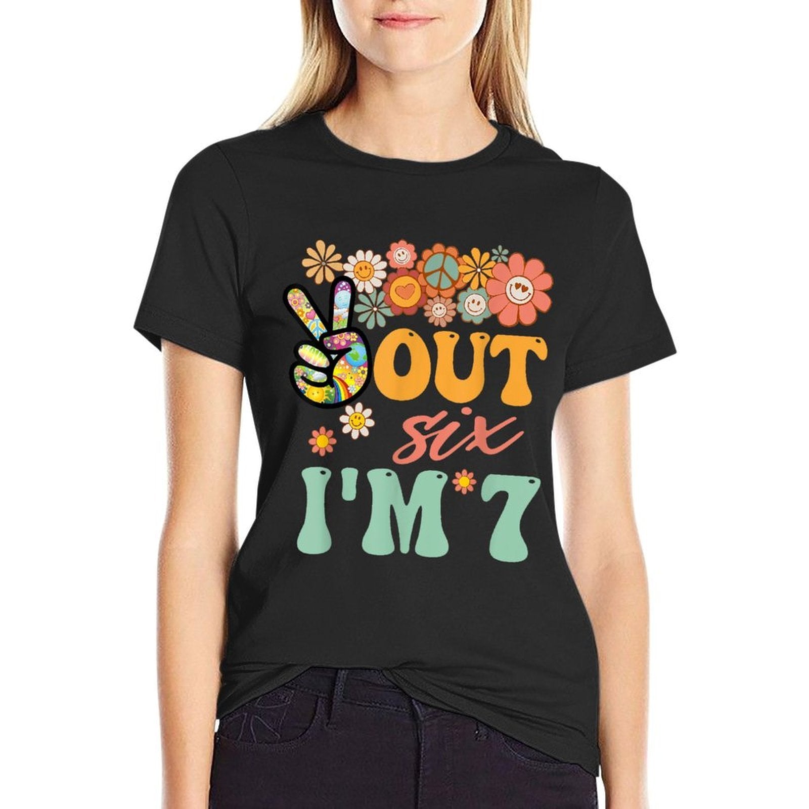 Peace Out Six Im 7 Groovy 7th Happy Birthday Boy Girl  Durable T-Shirt