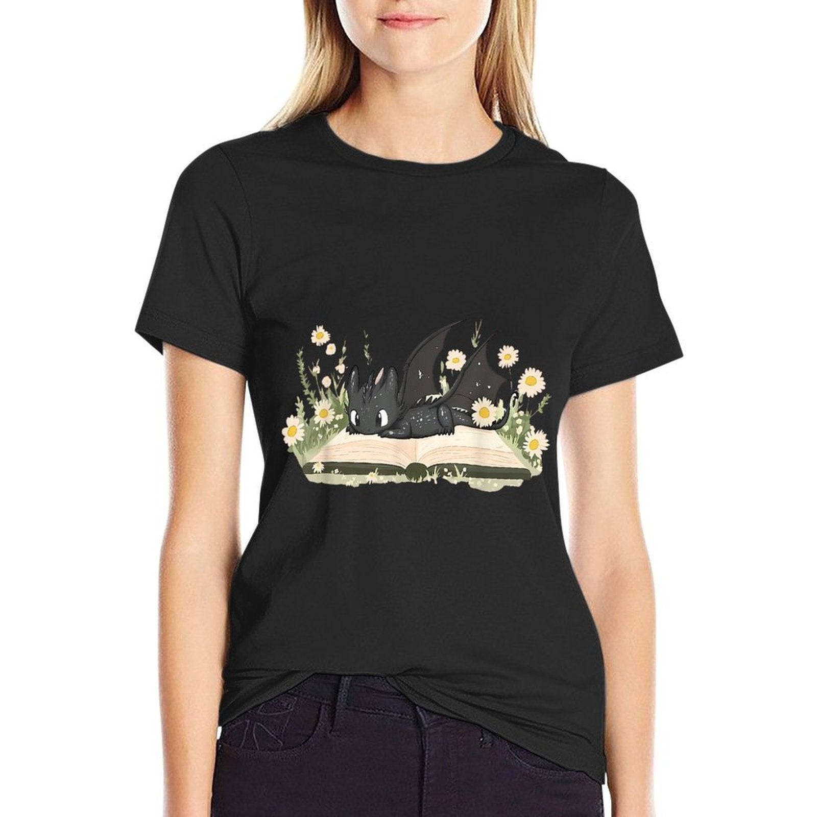 Cute Dragon Books Cottagecore Flower Bookworm Book Lover  Stretchy T-Shirt