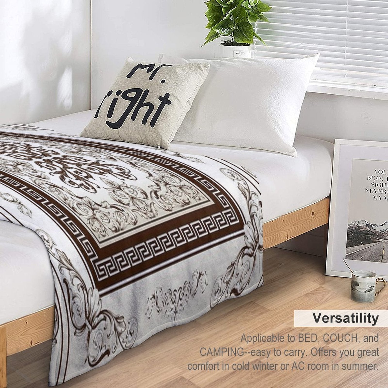 Baroque Filigree Cream And Brown Greek Meander Comfort Throw Blanket