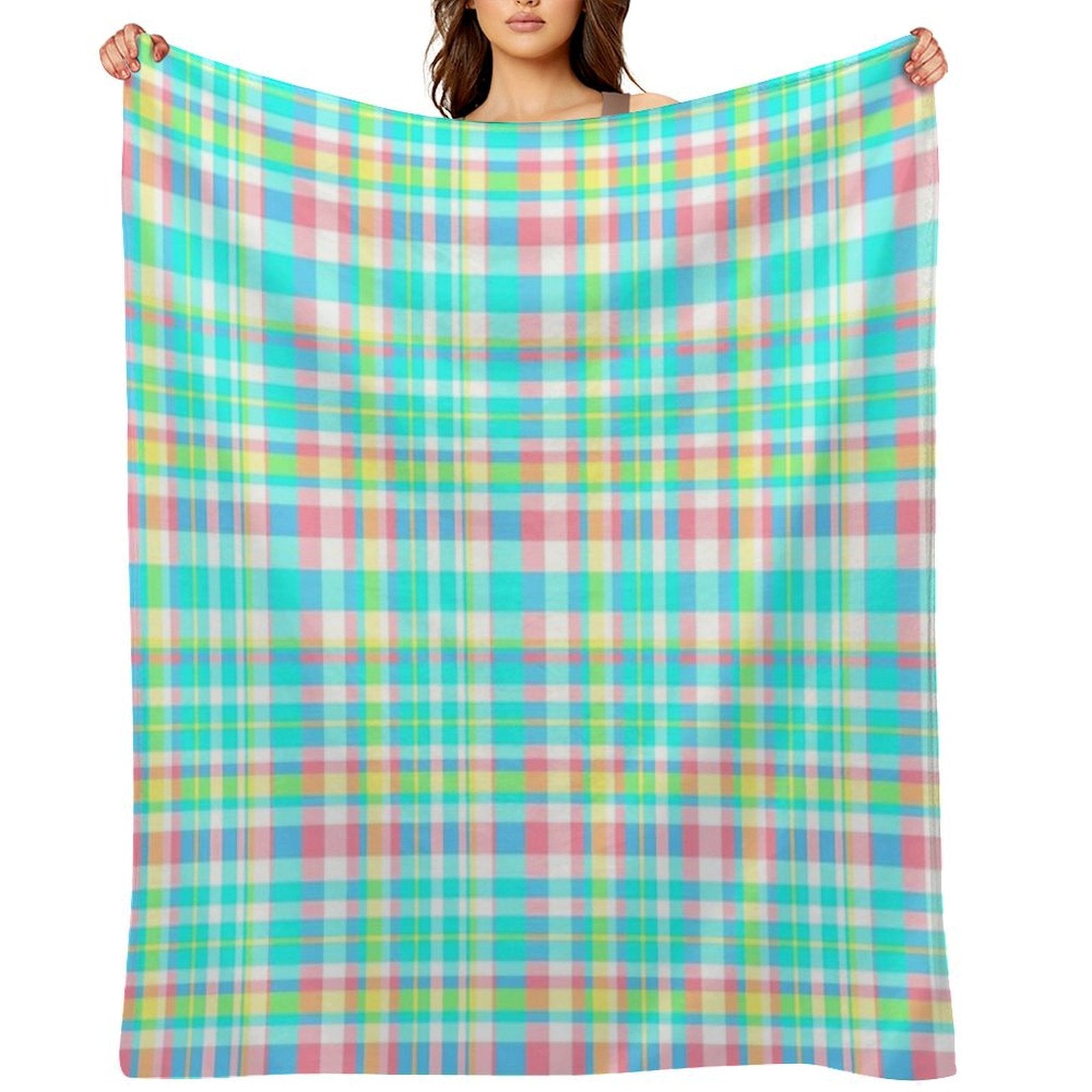 Pastel Aqua Blue Pink Yellow Plaid Spring Preppy Travel-friendly Throw Blanket