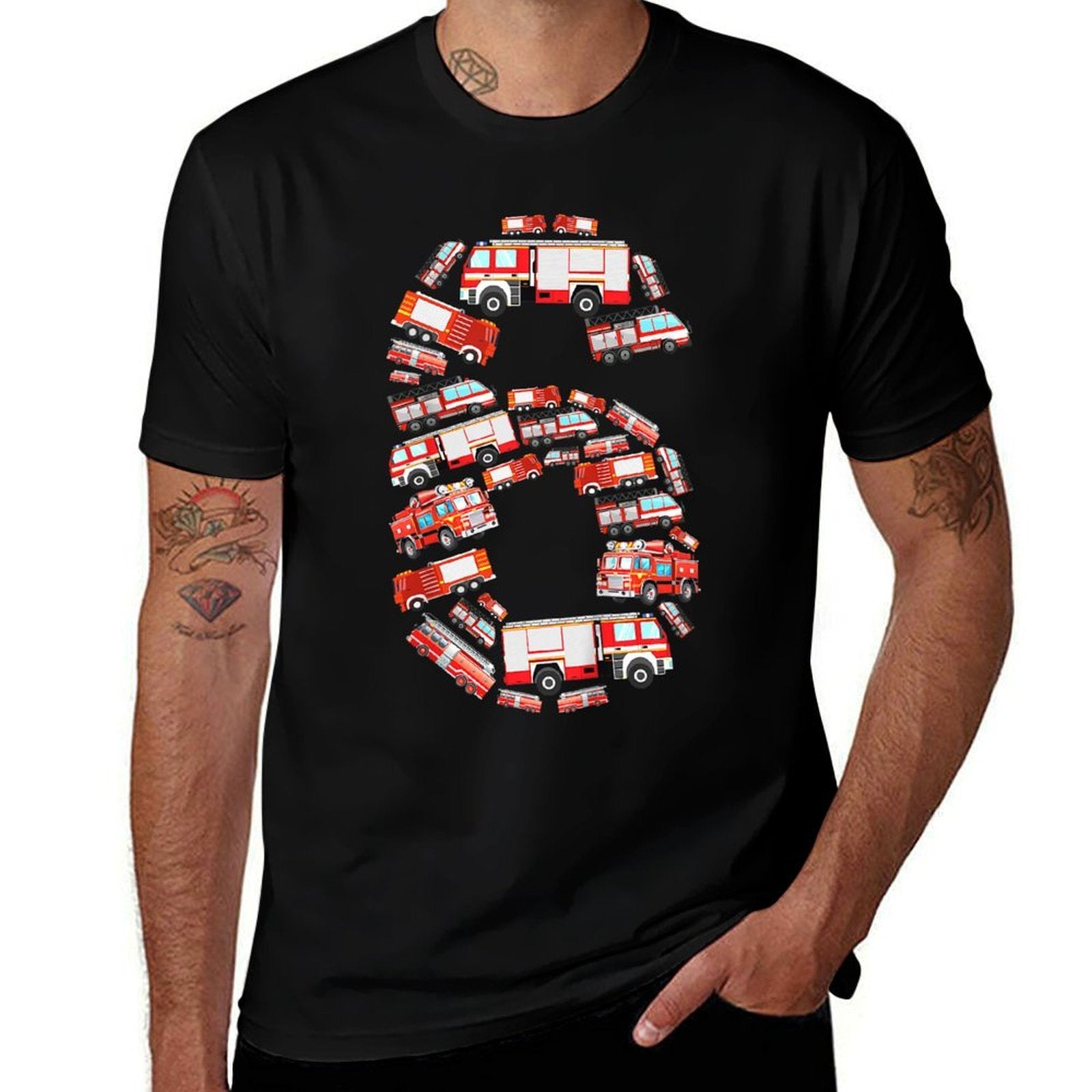 Kids Fire Truck, 6th Birthday Boy, 6 Year Old Toddler Firefighter  Rolled Sleeves T-Shirt