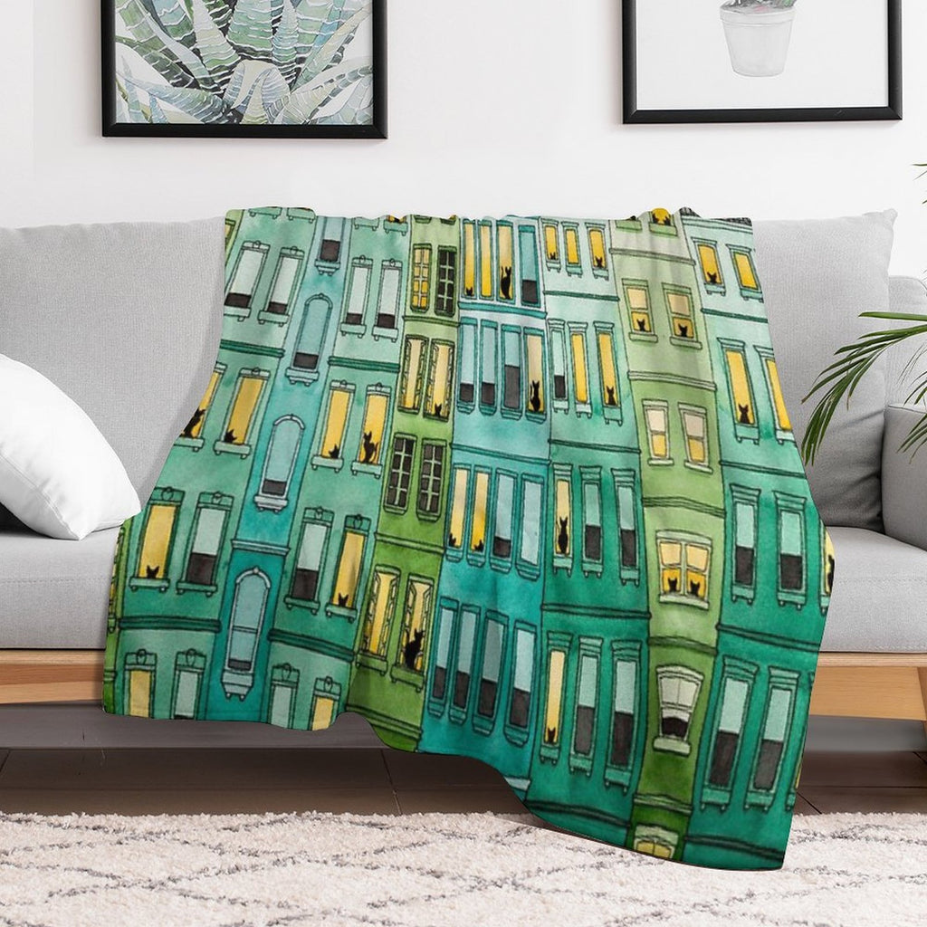Cats in Green Townhouses Anti-pilling Throw Blanket