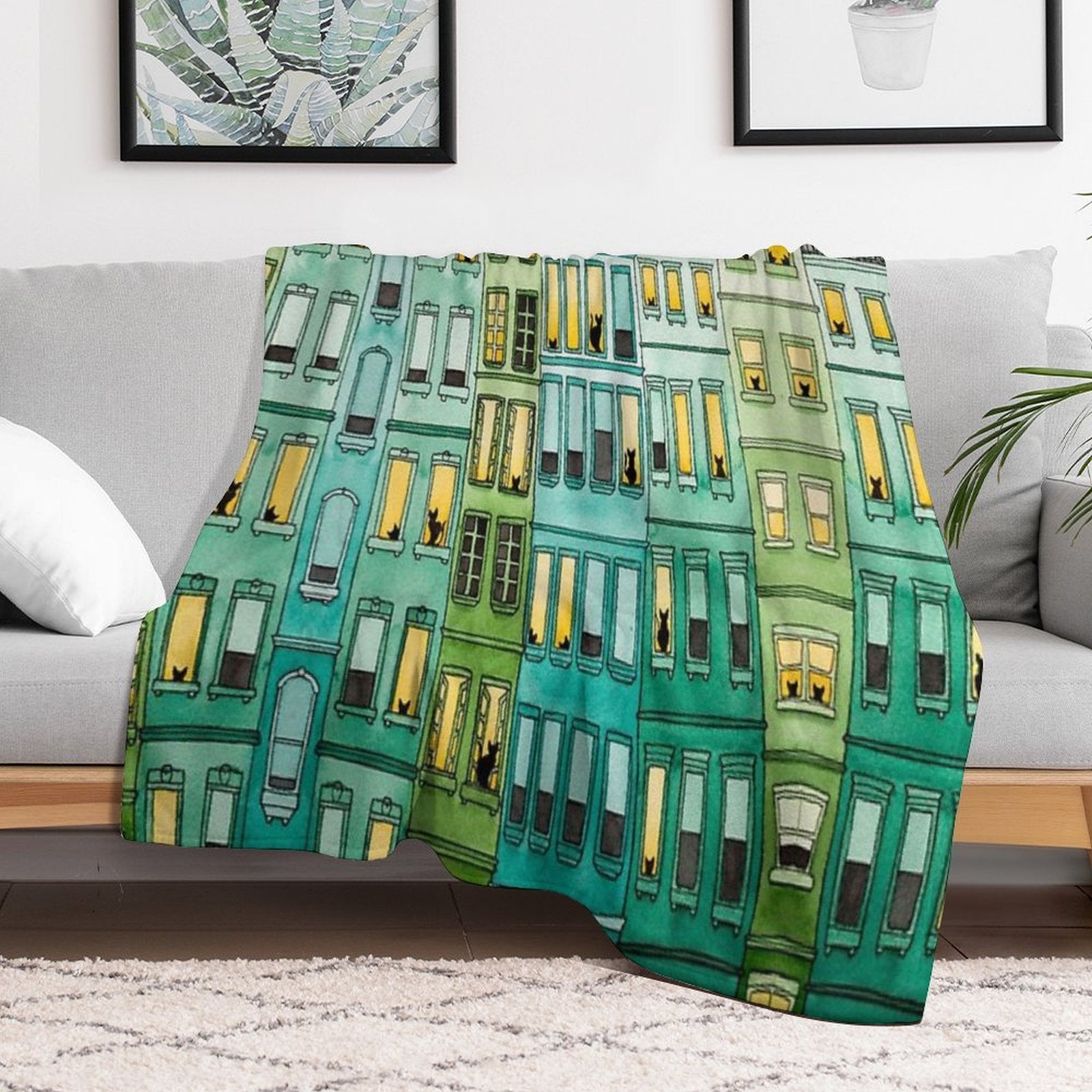 Cats in Green Townhouses Anti-pilling Throw Blanket