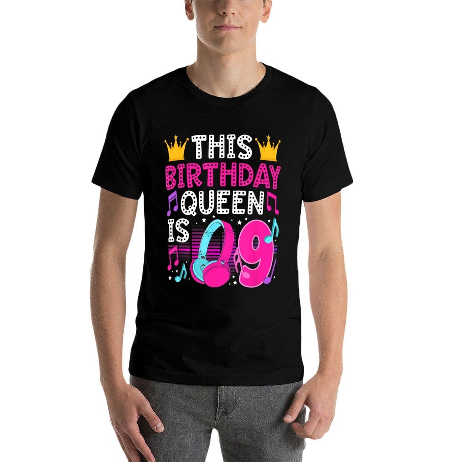 9th Music Birthday Party Nine Year Old Musical Birthday  Ribbed Collar T-Shirt