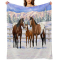 Bay Appaloosa Quarter Horses In Winter Snow Wrinkle-free Throw Blanket