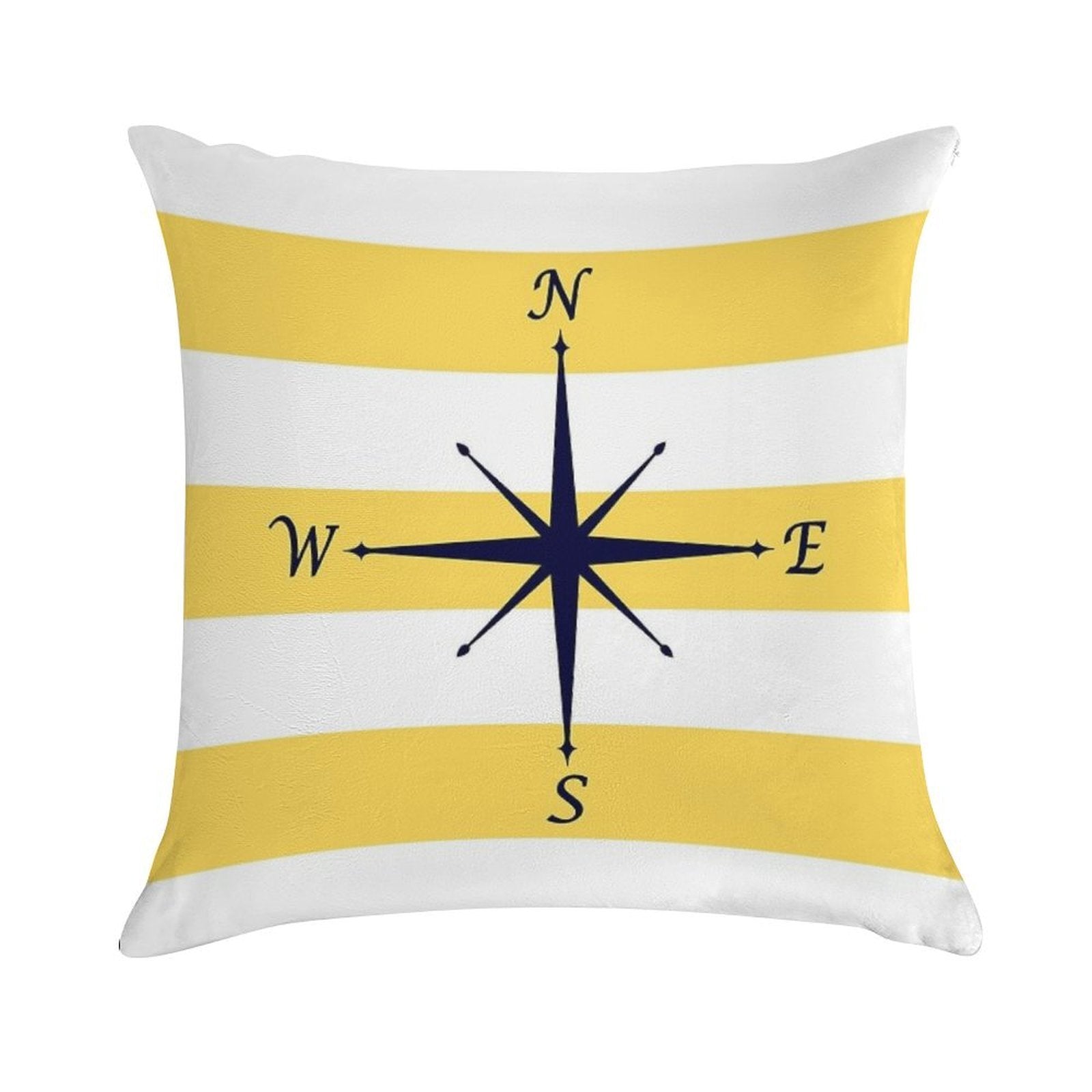 Navy Blue Compass On Mustard Yellow And White Stripes Soft Fade-Resistant Throw Pillow