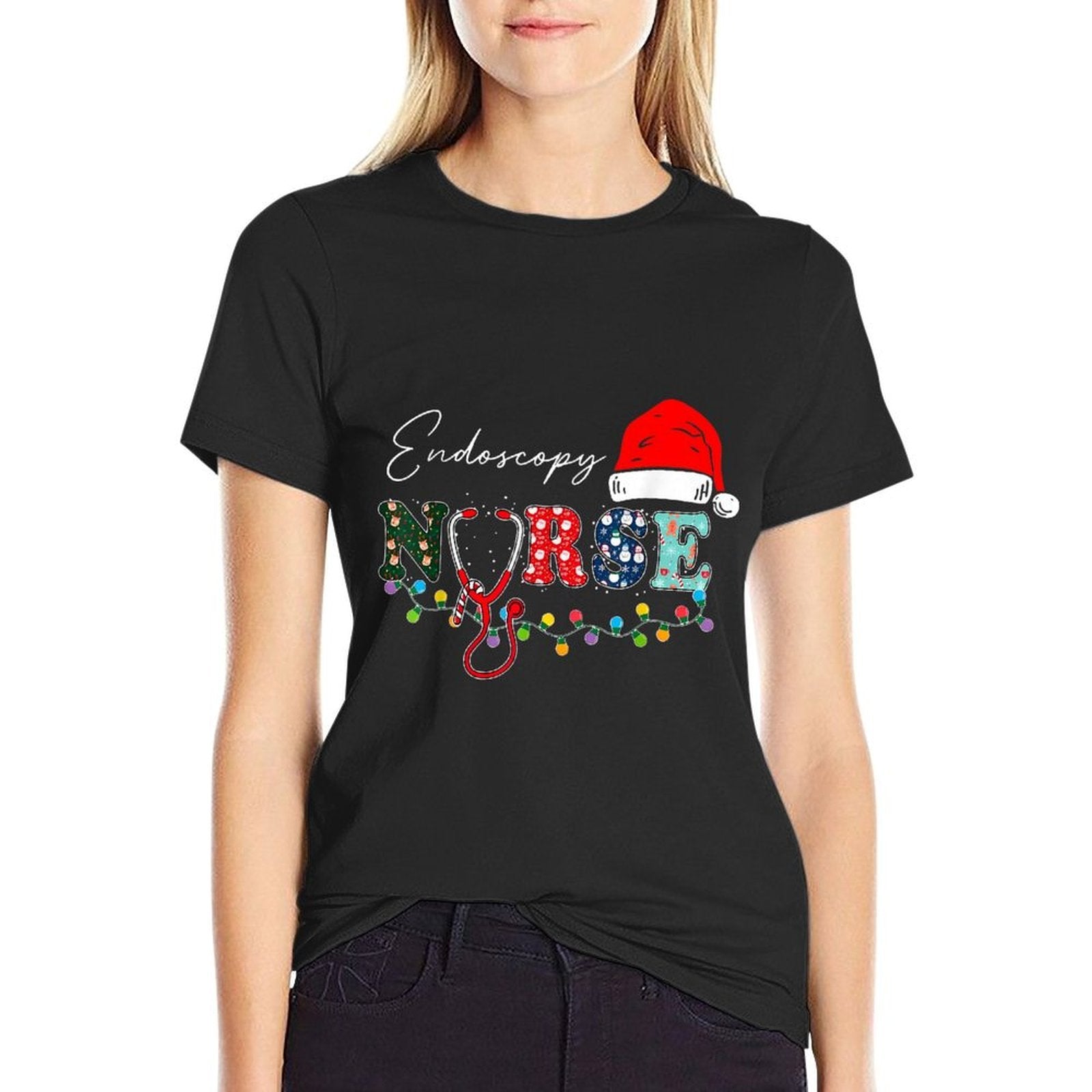 Endoscopy Nurse Santa Hat Christmas Lights Endo Nursing  Oversized Silhouette T-Shirt