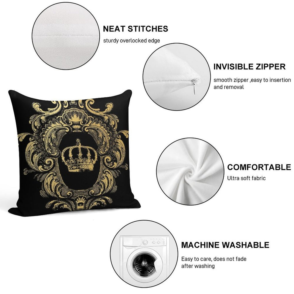 Ornate Gold Crown Black Soft Reinforced Edging Throw Pillow