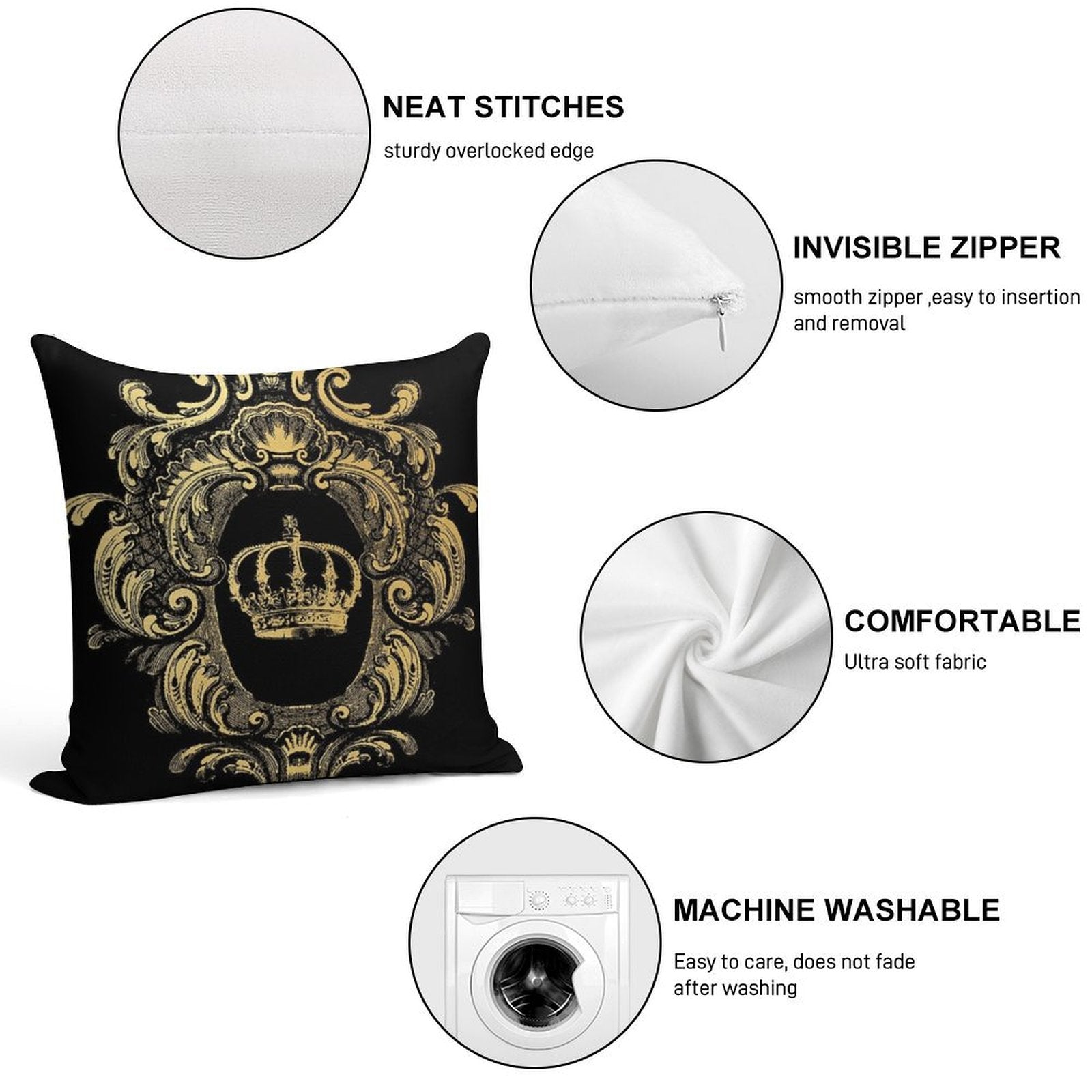 Ornate Gold Crown Black Soft Reinforced Edging Throw Pillow