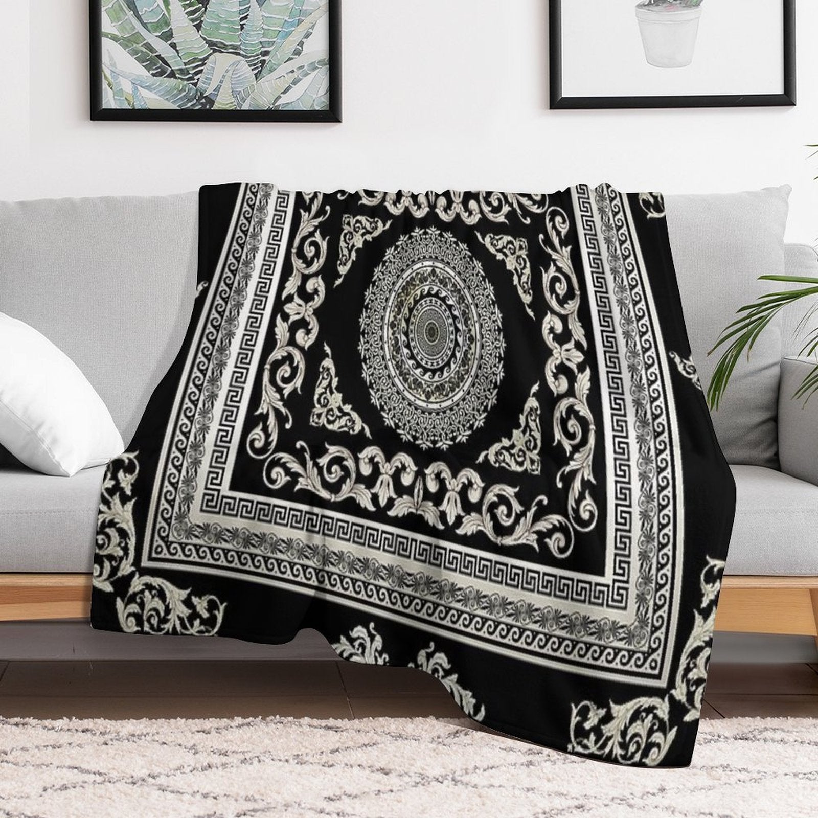 Ornate Greek Key Meander Black Cream  Medallion Comfort Throw Blanket