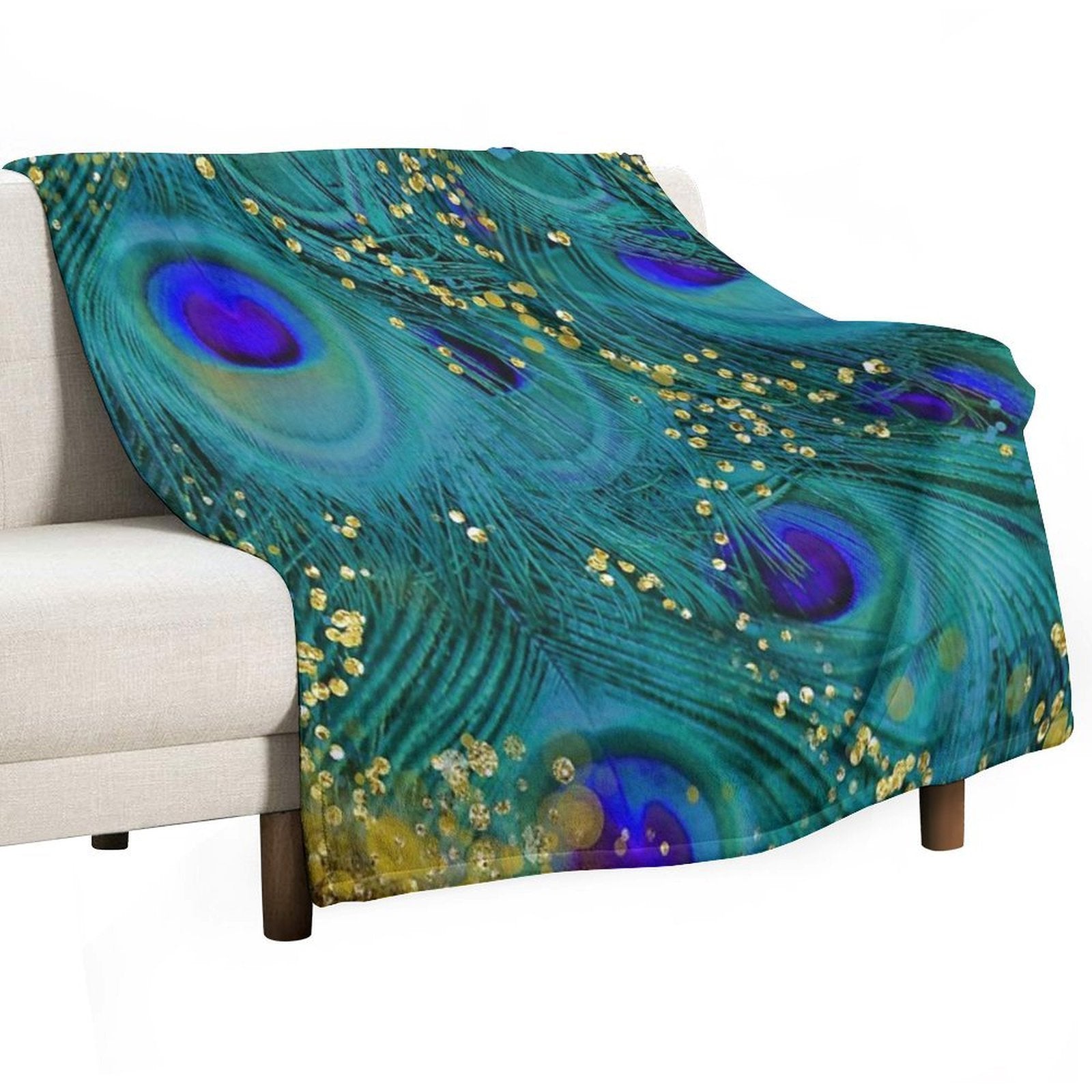 Dreamy Peacock Feathers, Teal And Purple, Glimmering Gold Shrink-resistant Throw Blanket