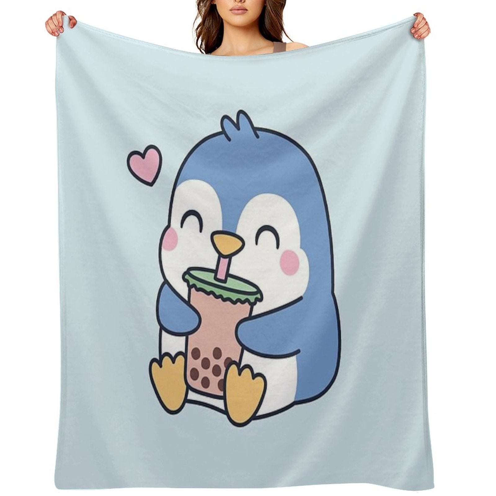 Cute Little Penguin Loves Boba Tea Versatility Throw Blanket