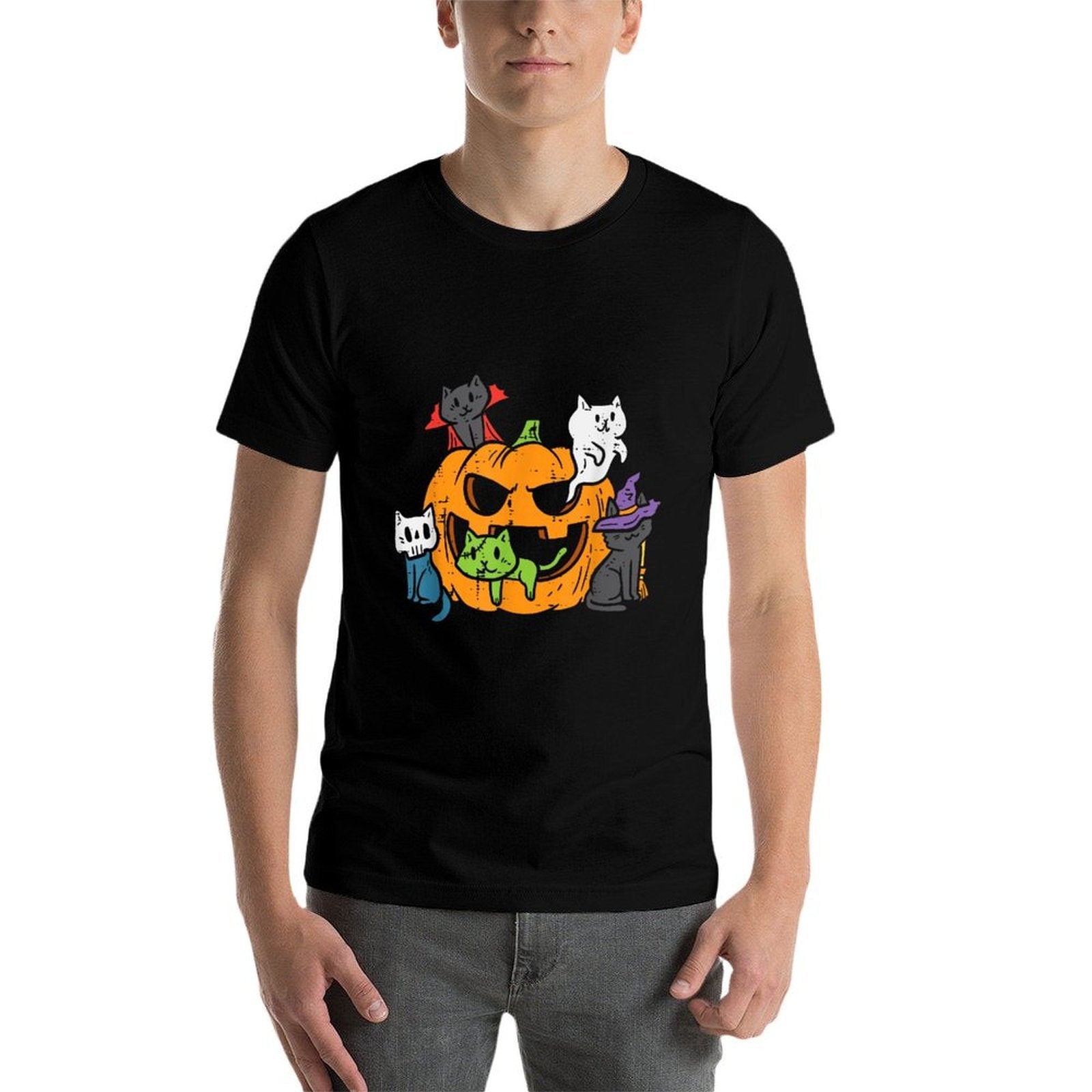 Vampire Ghost Zombie Witch Cats In Pumpkin Cute Halloween  Ribbed Collar T-Shirt