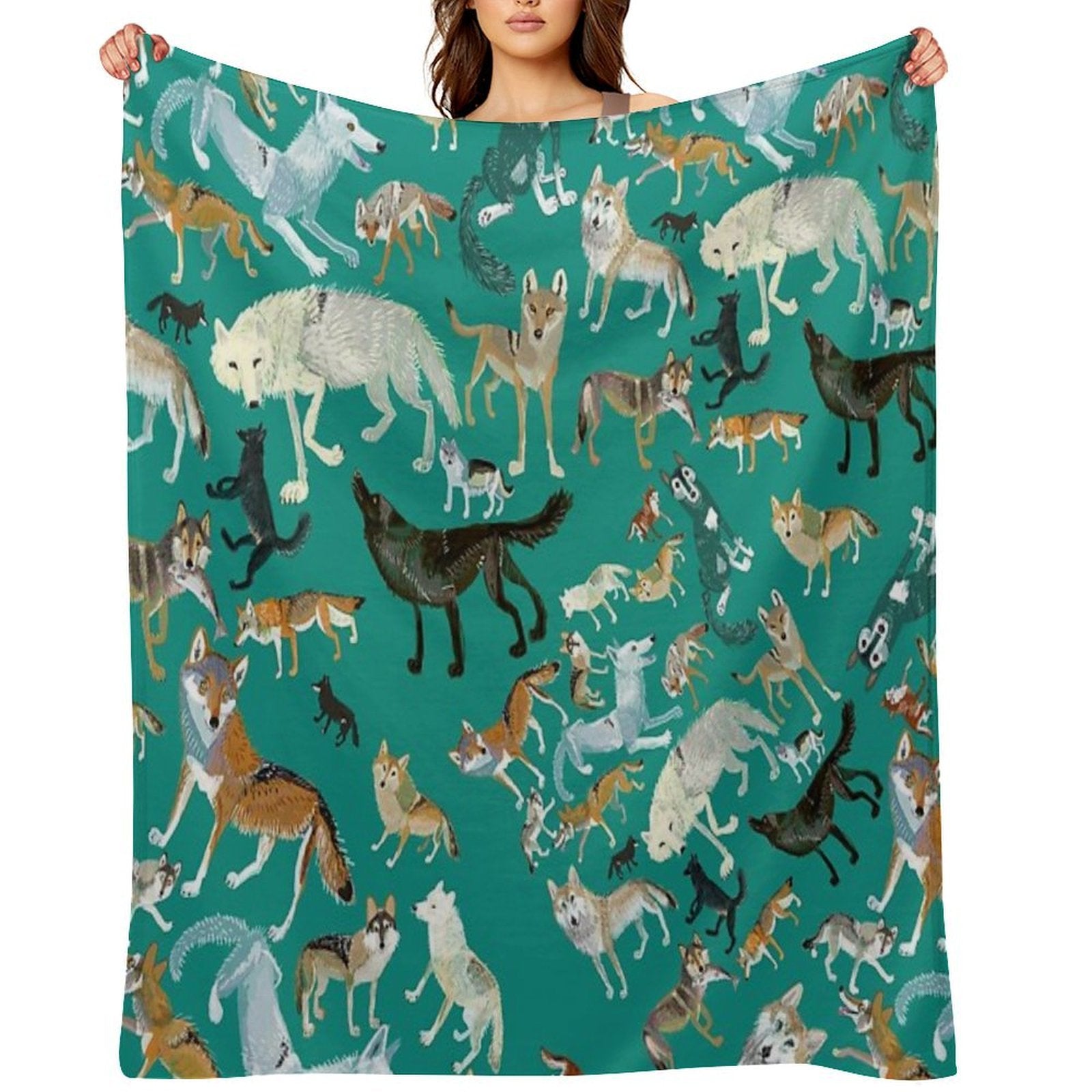 Wolves of The World (Green Pattern) Eco-conscious Throw Blanket