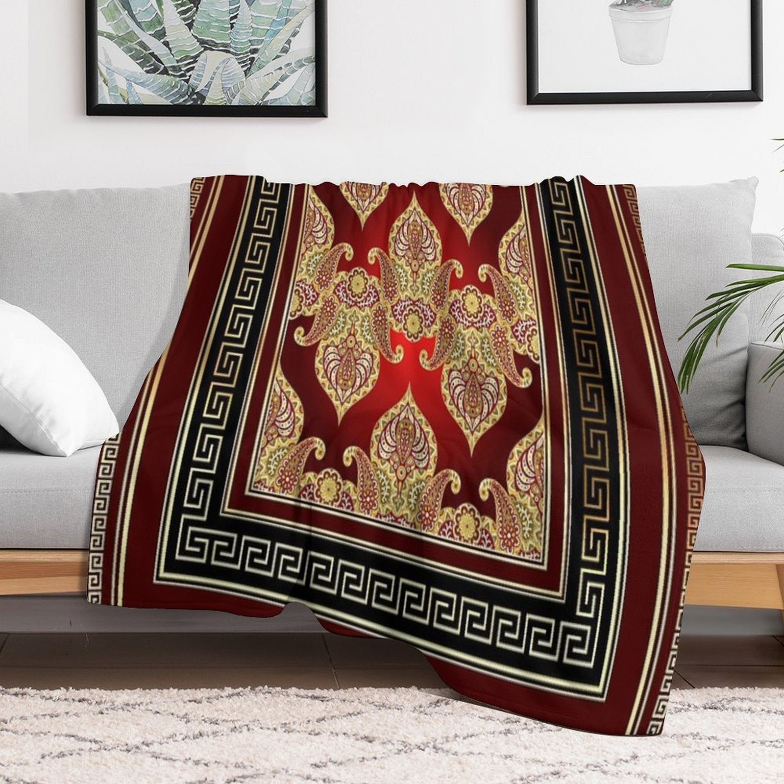 Greek Key Maroon Red Gold Black Floral Paisley Lightweight Throw Blanket