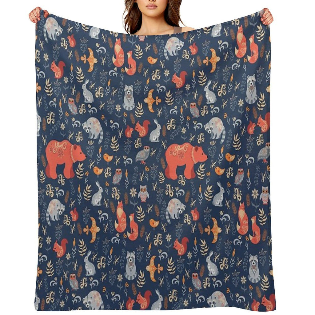 Fairy-tale Forest. Fox, Bear, Raccoon, Owls, Rabbits, Flowers And Herbs on A Blue Background. Plush Throw Blanket