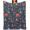 Fairy-tale Forest. Fox, Bear, Raccoon, Owls, Rabbits, Flowers And Herbs on A Blue Background. Plush Throw Blanket