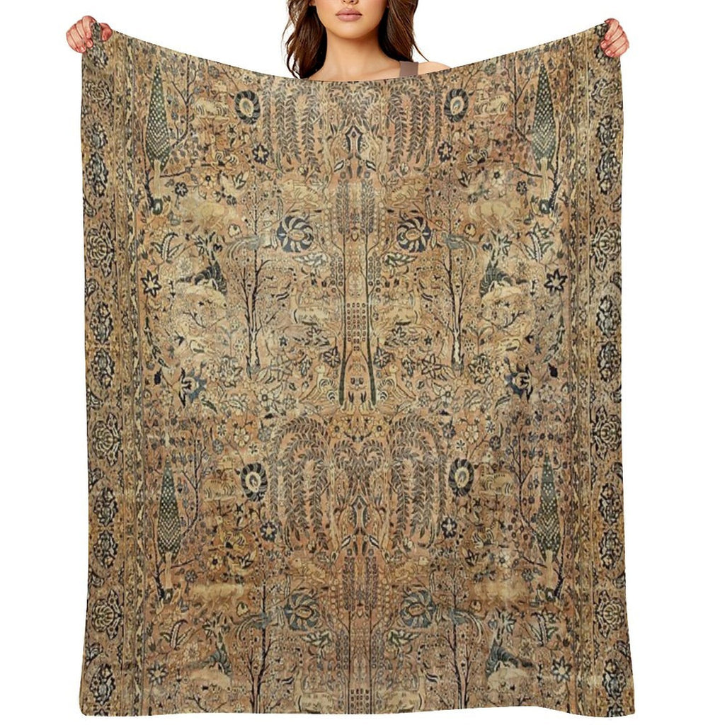 Antique Persian Kirman Garden Rug with Animals Print Durable Throw Blanket