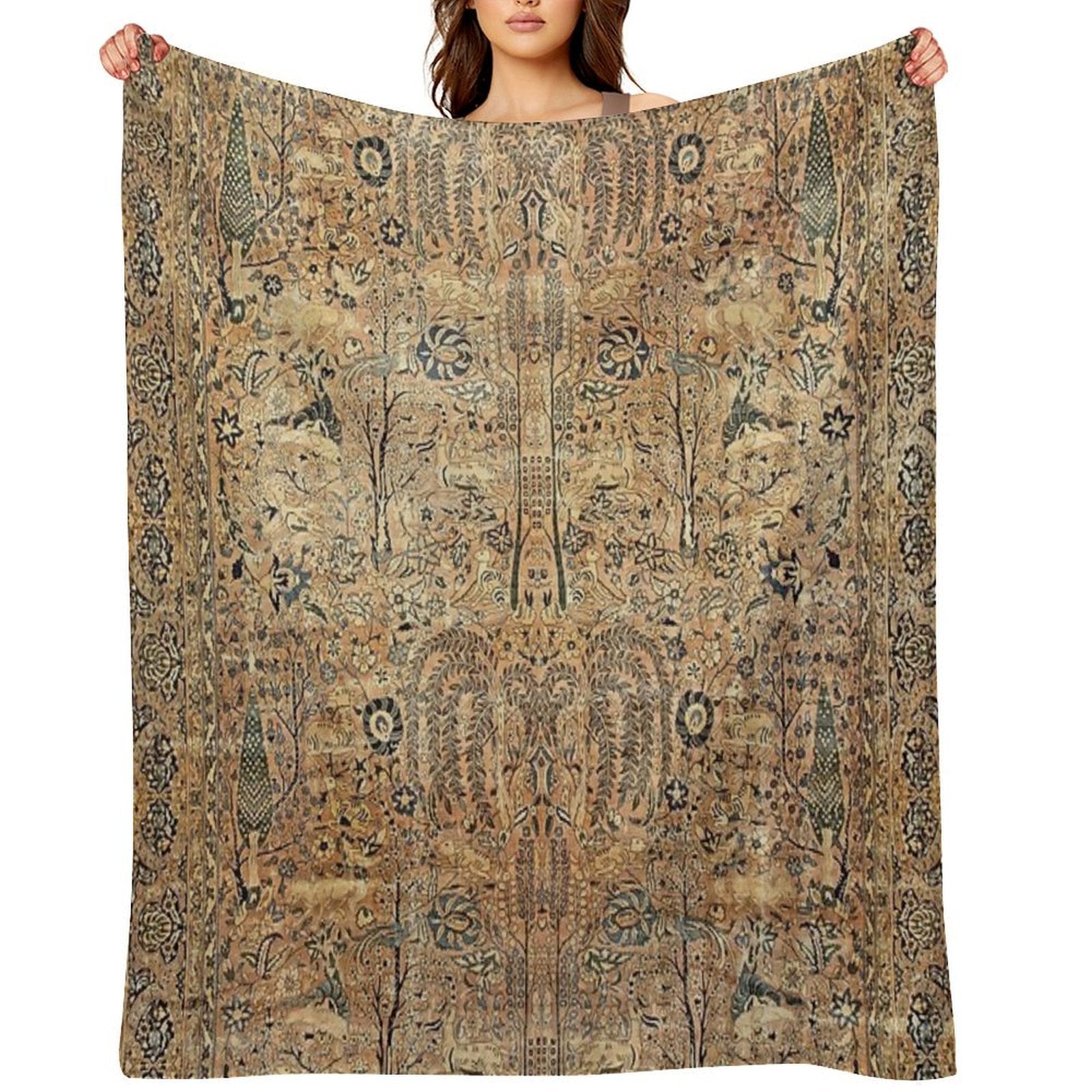 Antique Persian Kirman Garden Rug with Animals Print Durable Throw Blanket