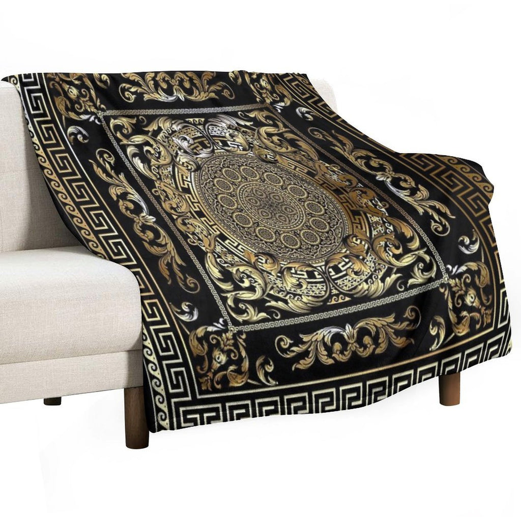 Gold Ornate Baroque Gold Black Greek Meander Machine-washable Throw Blanket