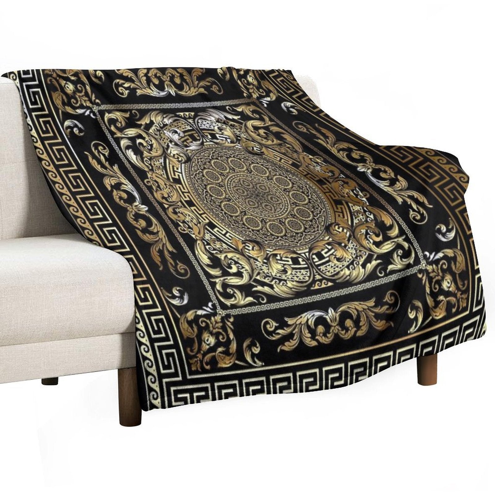Gold Ornate Baroque Gold Black Greek Meander Machine-washable Throw Blanket