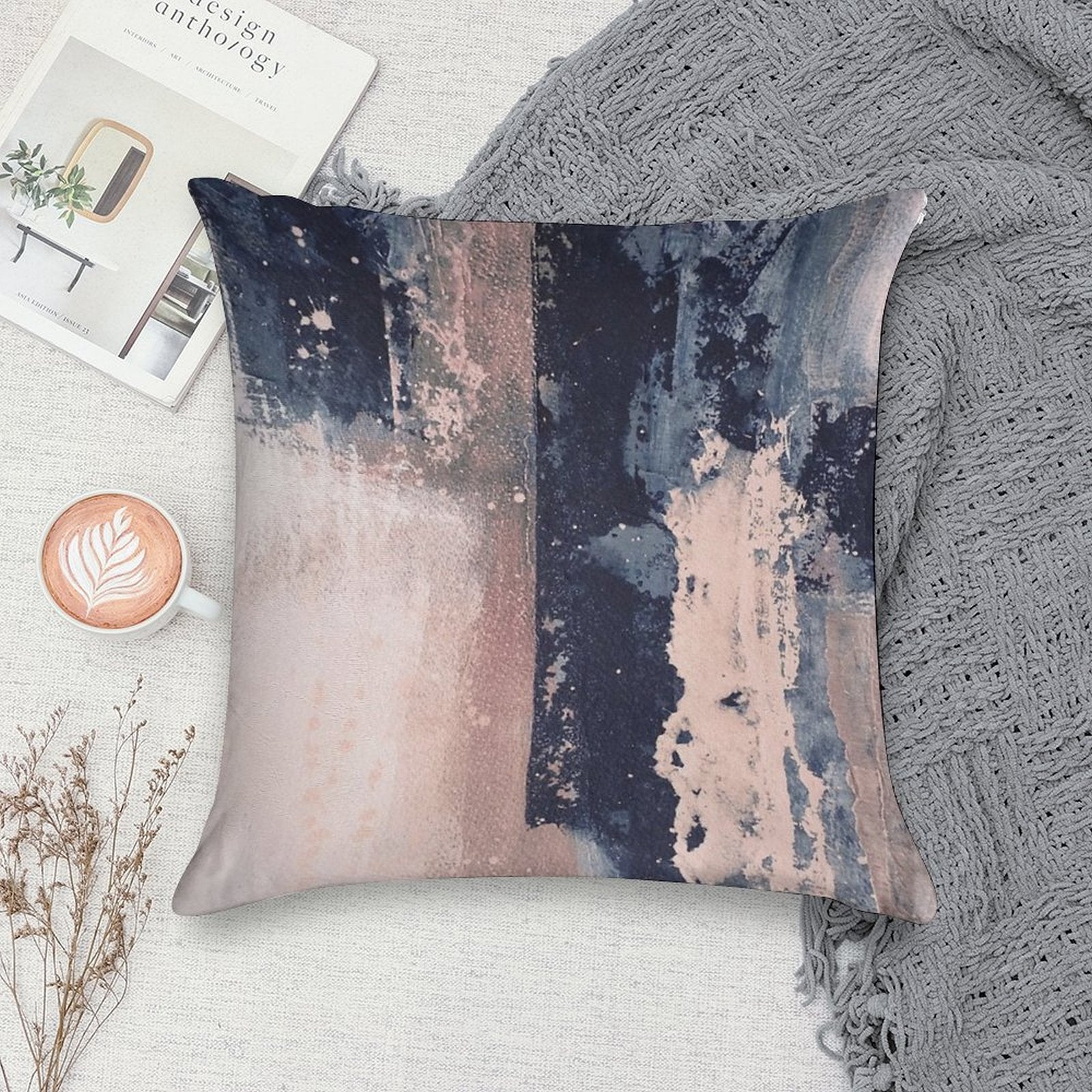 Horizontal Pink Navy Soft Hidden Zipper Throw Pillow