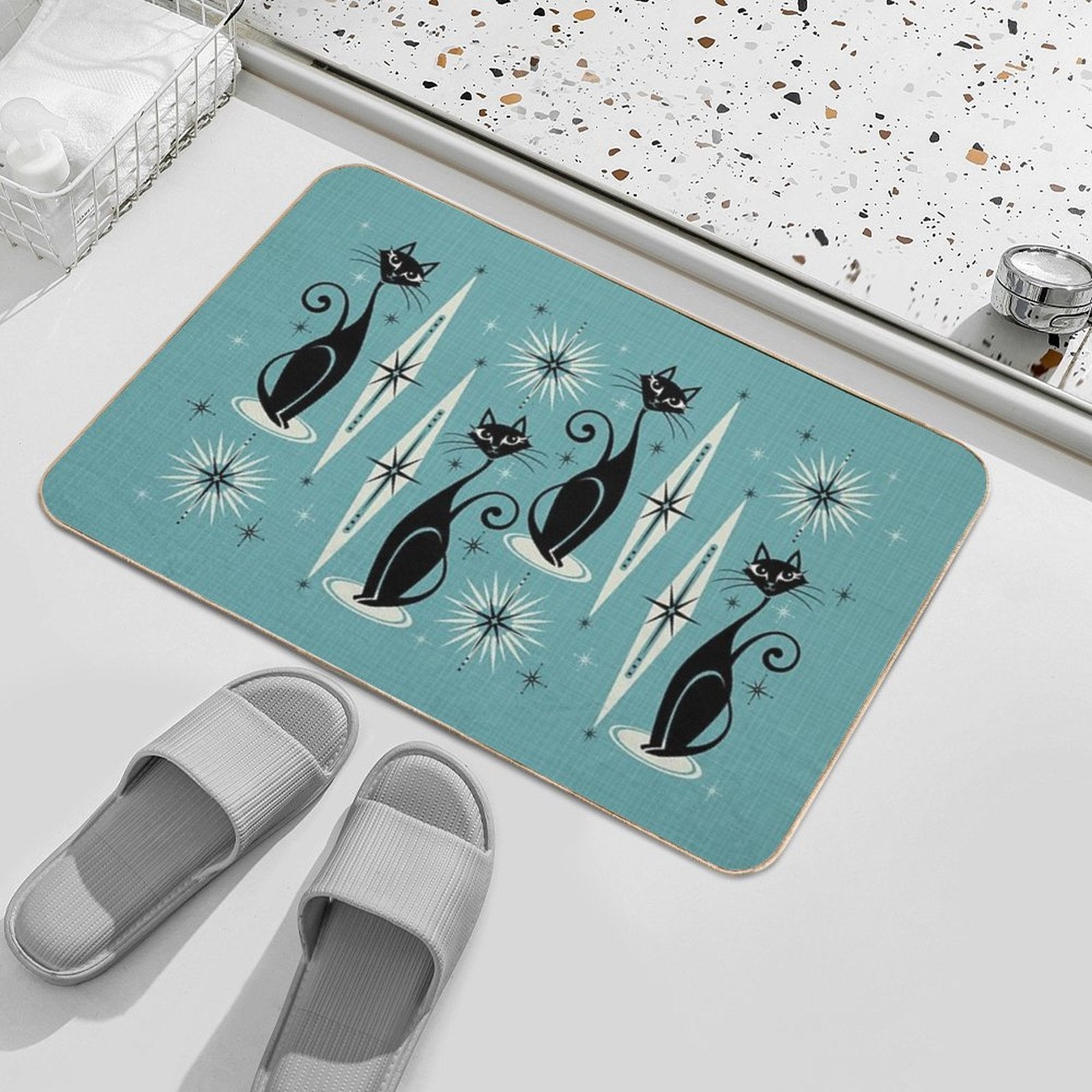 Mid Century Meow on Blue - Large Scale  Eco-Friendly Bath Mat