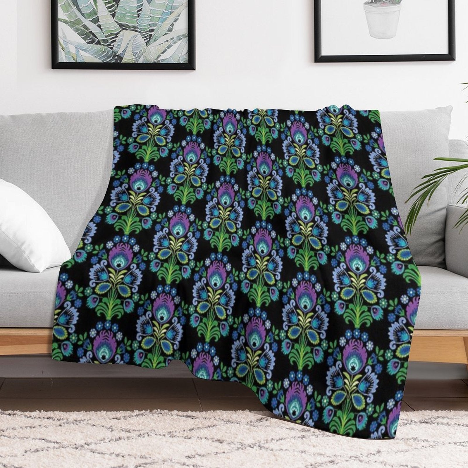 Polish Folk Flowers Purple on Black Shrink-resistant Throw Blanket