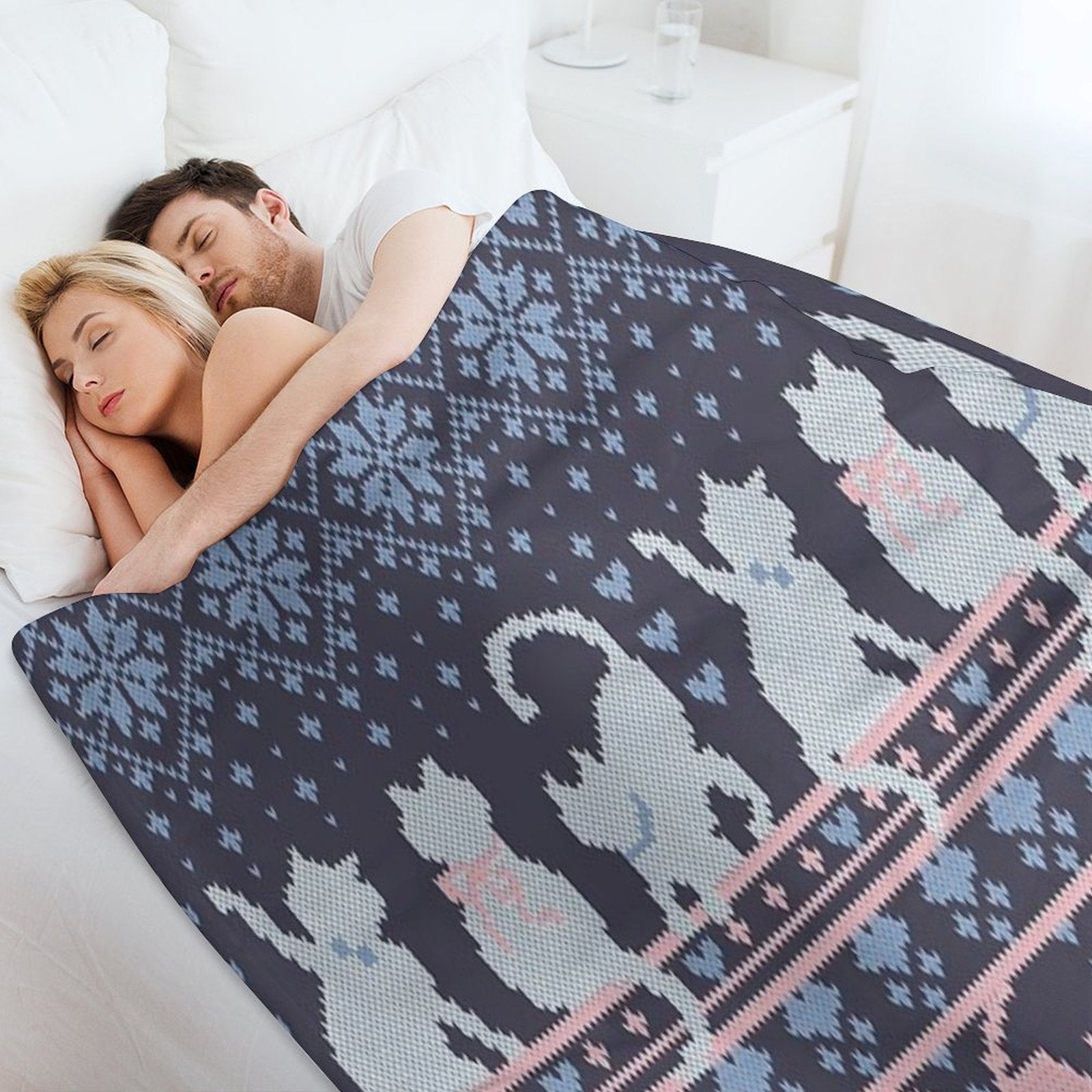 Fair Isle Knitting Cats Love  Dark Violet Background White And Violet Kitties And Details Travel-friendly Throw Blanket