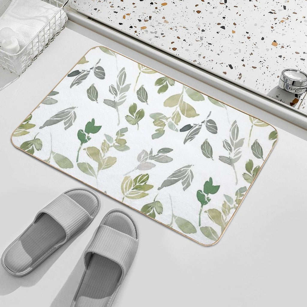 White Watercolor Leaves Pattern  Non-Slip Bath Mat