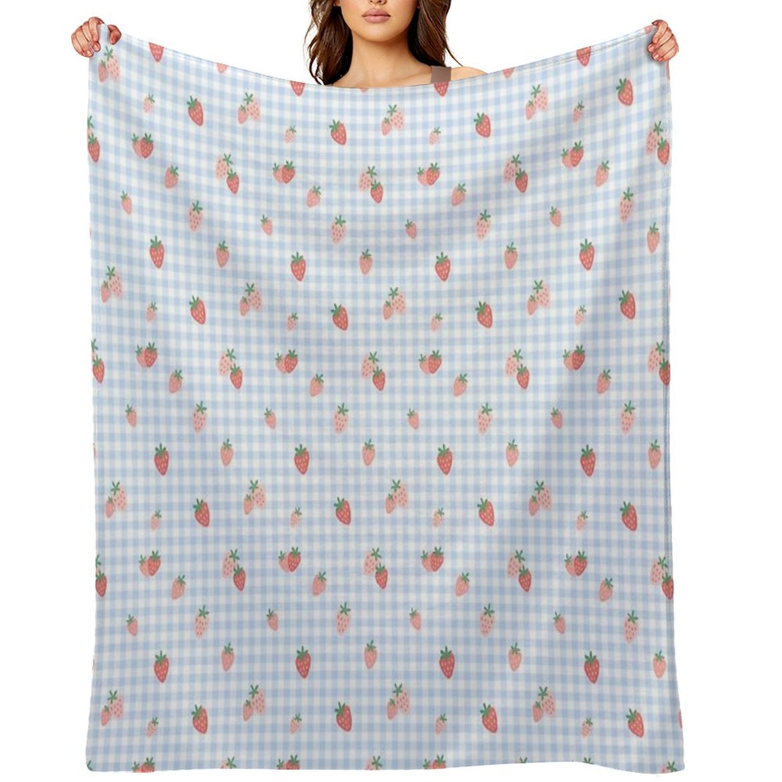 Strawberry Gingham Blue Cottagecore Pattern Plush Throw Blanket