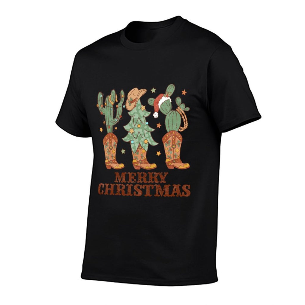 Merry Christmas Western Boots Trees Cactus Retro Hat Sweatshirt  Heathered Texture T-Shirt