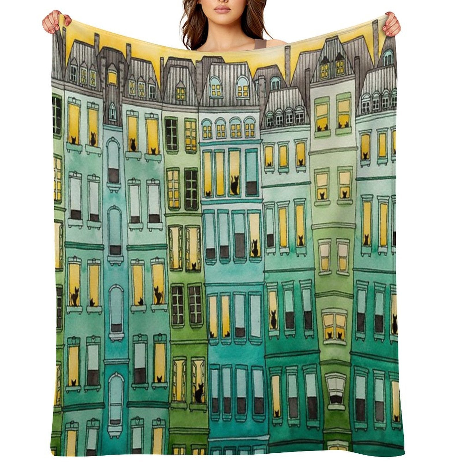 Cats in Green Townhouses Anti-pilling Throw Blanket