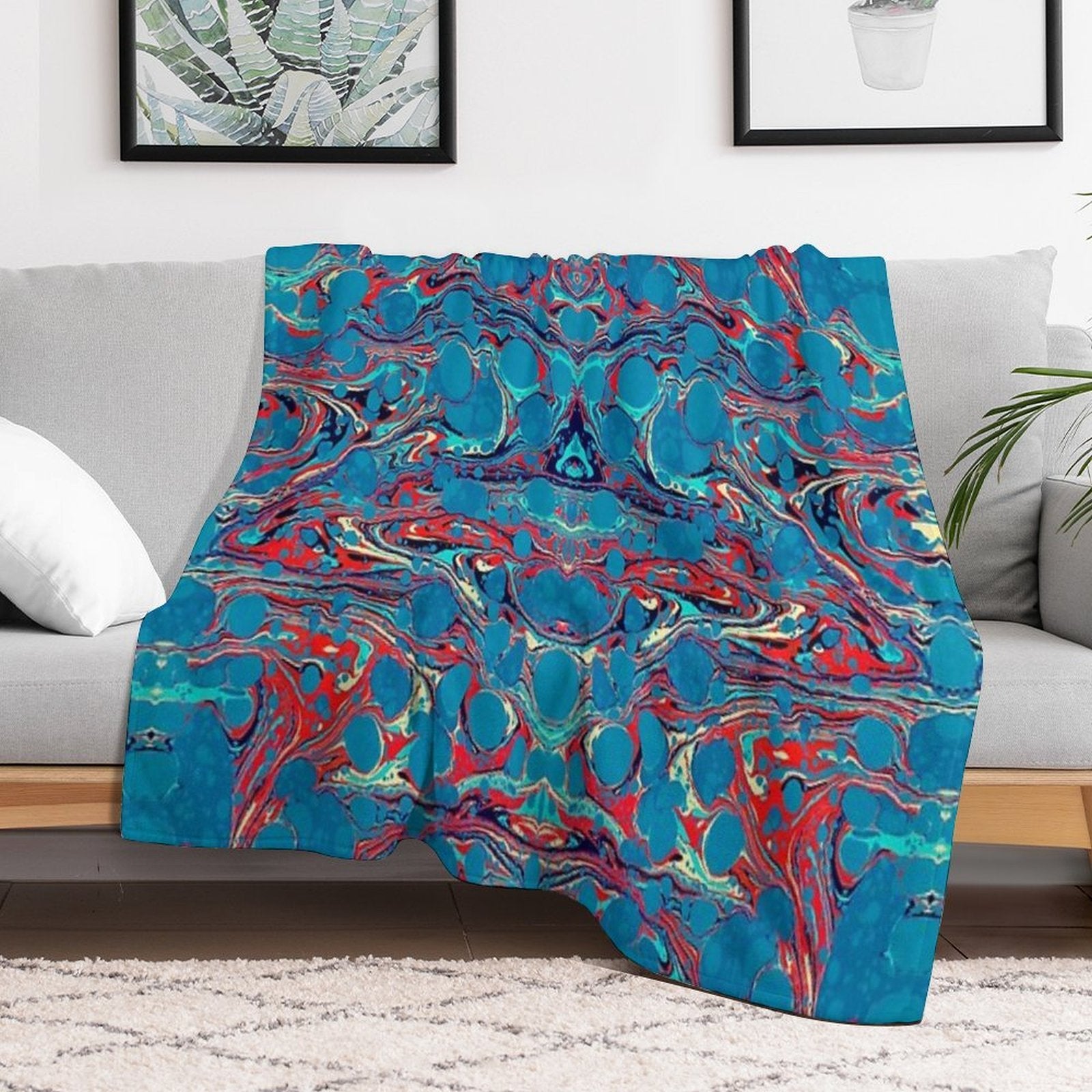 Psychedelic Blue Red Marbled Paper Shrink-resistant Throw Blanket